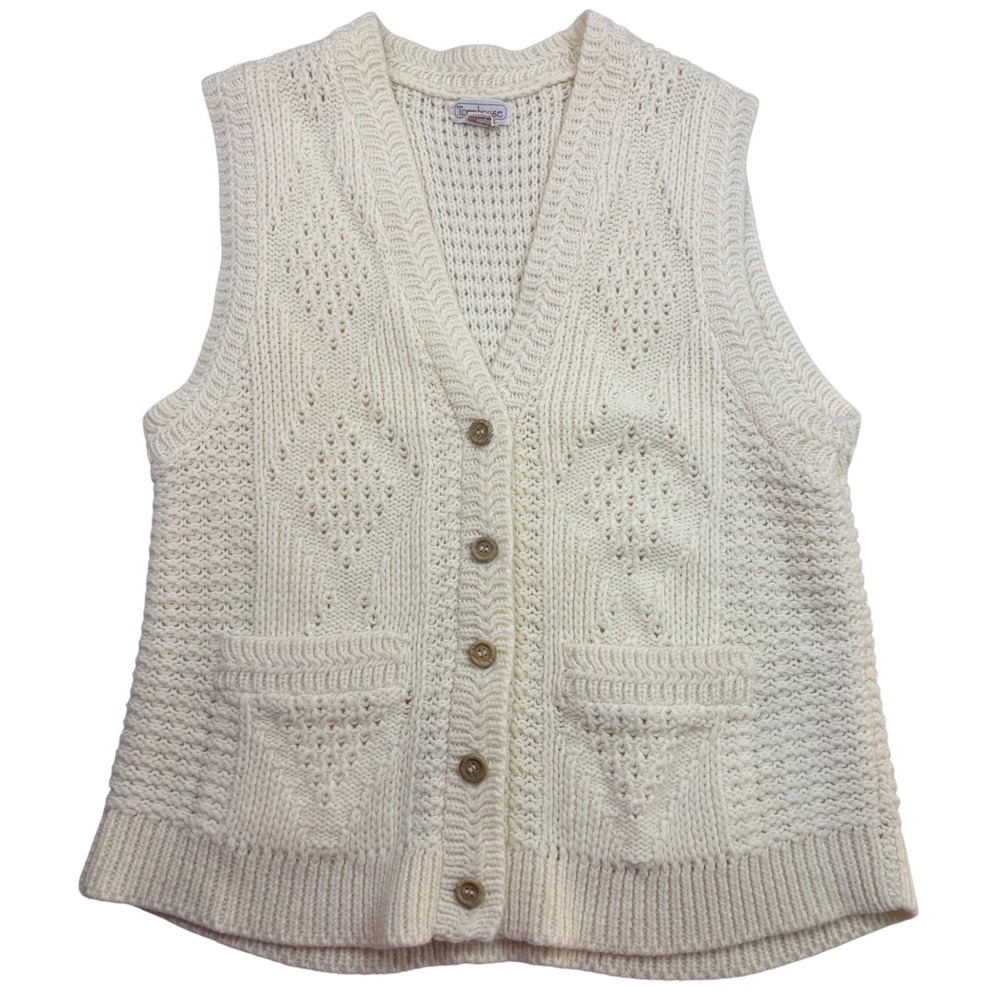 Townhouse Vtg Cable Knit Sweater Vest Ivory Cream Button Front Pockets L